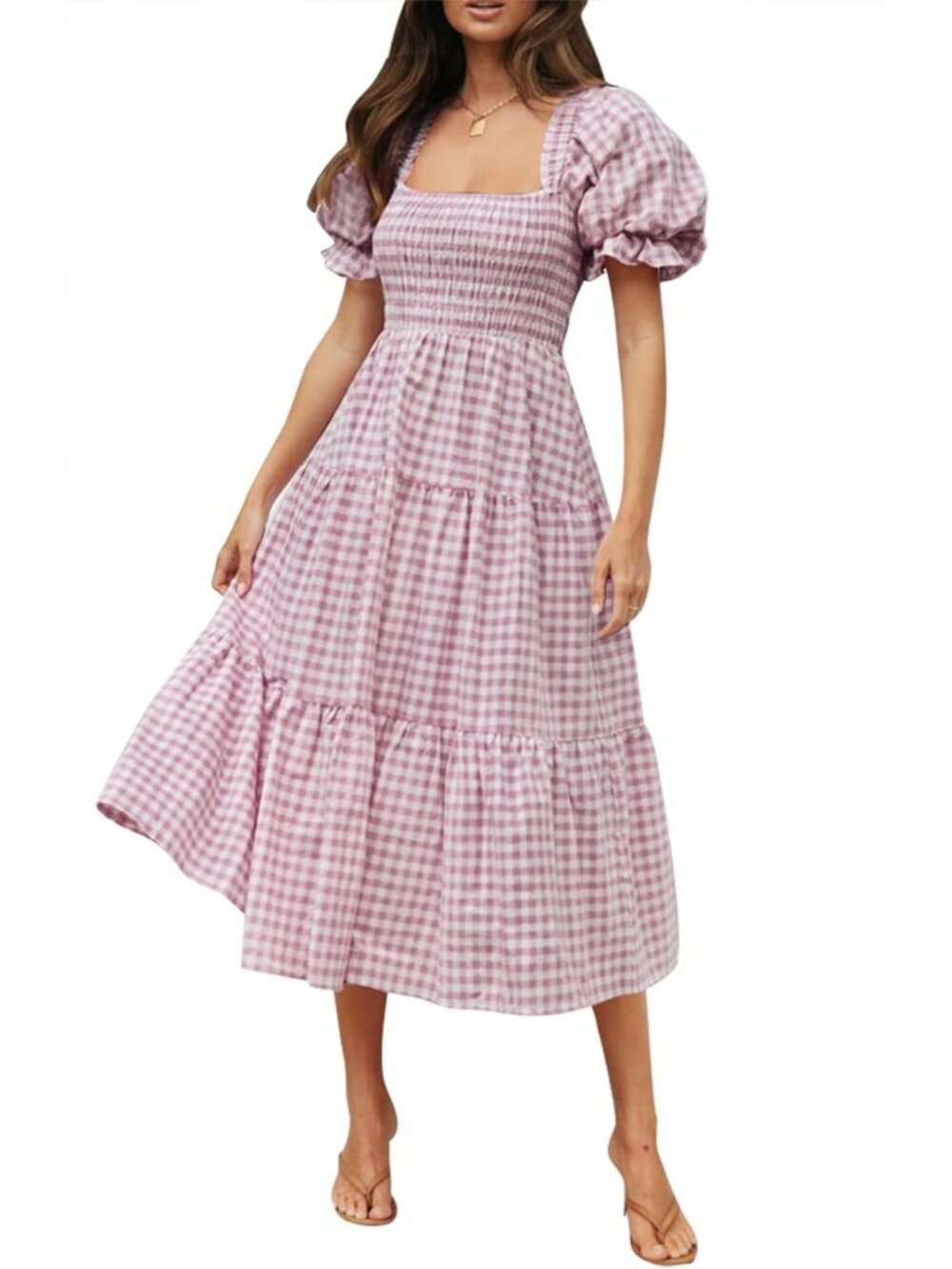 Summer Boho Gingham Puff Sleeve Square Neck Midi Dress for Beach & Casual Wear